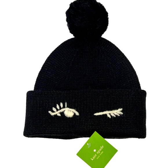 kate spade Accessories - KATE SPADE Winking beanie hat black and white